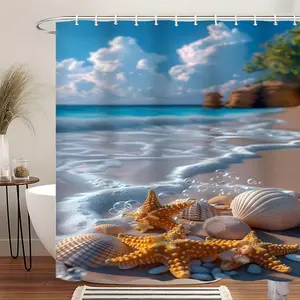 Beach Starfish Seashell Shower Curtain, Coastal Seaside Print Extra Large Waterproof Thickened Mildew-Proof Bathroom Partition Curtain for Dry-Wet Separation, Durable Polyester Fabric Included & 12 Hooks for Easy Hanging, Bathroom Decoration Home Decor