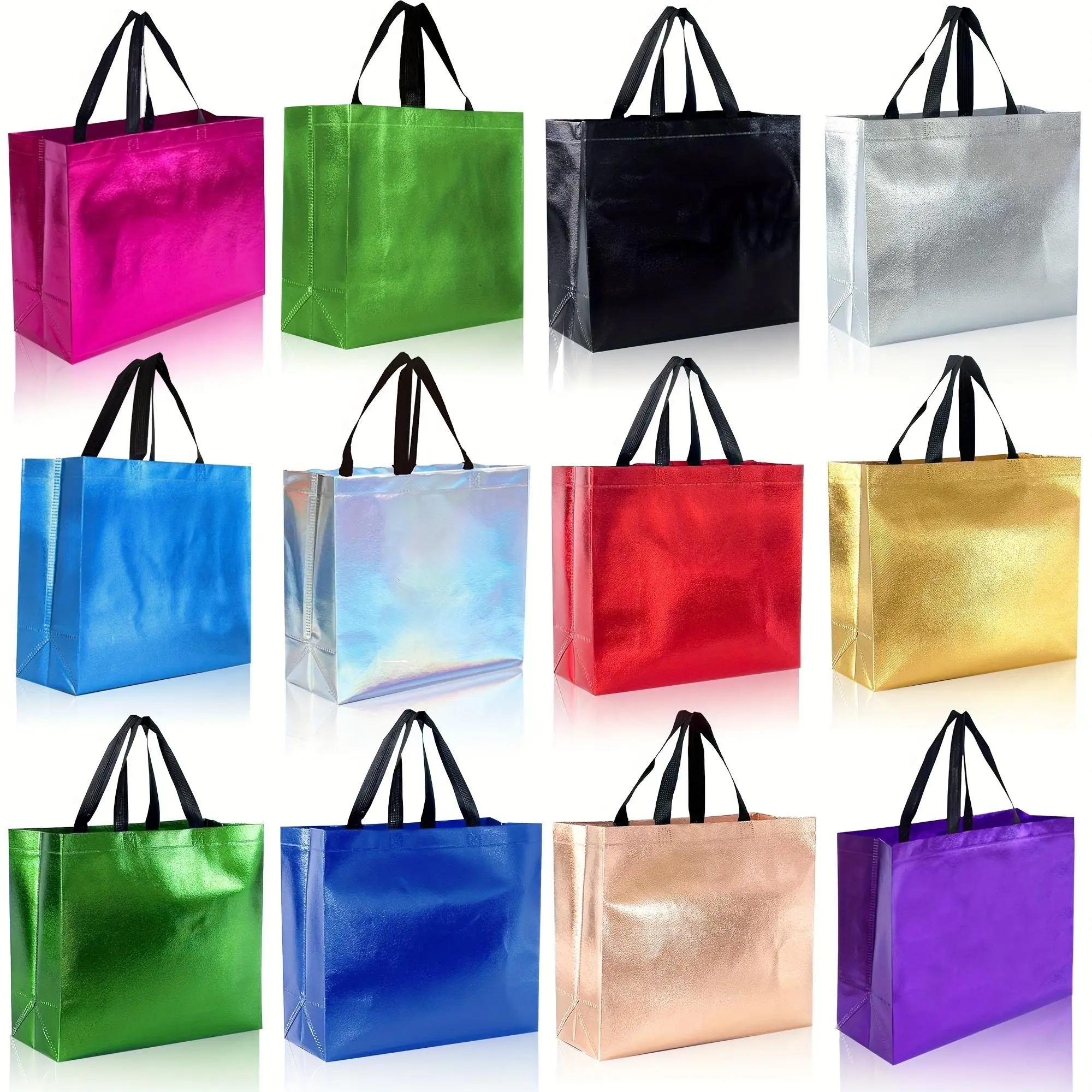 12pcs Large Glossy Reusable Non-Woven Gift Bags - Lightweight, Waterproof, Foldable Space-Saving, Multi-Function, with Heavy-Duty Storage Tote, 12 Vivid Colors, for Birthday, Wedding Use