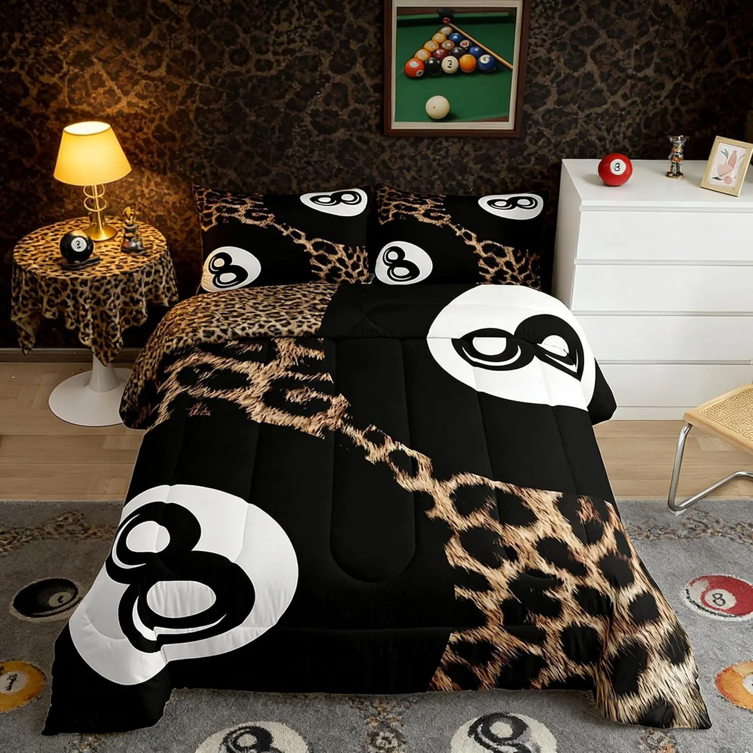 Y2K Lucky 8 Ball Comforter Set,Trendy Cheetah Print Bedding Set for Kids Boys Girls Men Women Preppy Fashion Leopard Quilt Black Brown Duvet Insert Funky Y2K Bed Set,Room Decor Aesthetic, Bedroom Inspo