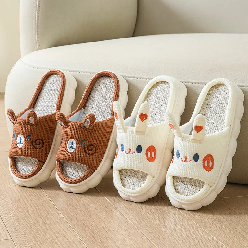 Cute Cartoon Open Toe Couple Hemp Slippers – Adorable Matching Linen Home Shoes Women Men Kawaii Indoor Breathable Cozy House Slides Fun Gift Couples Wear
