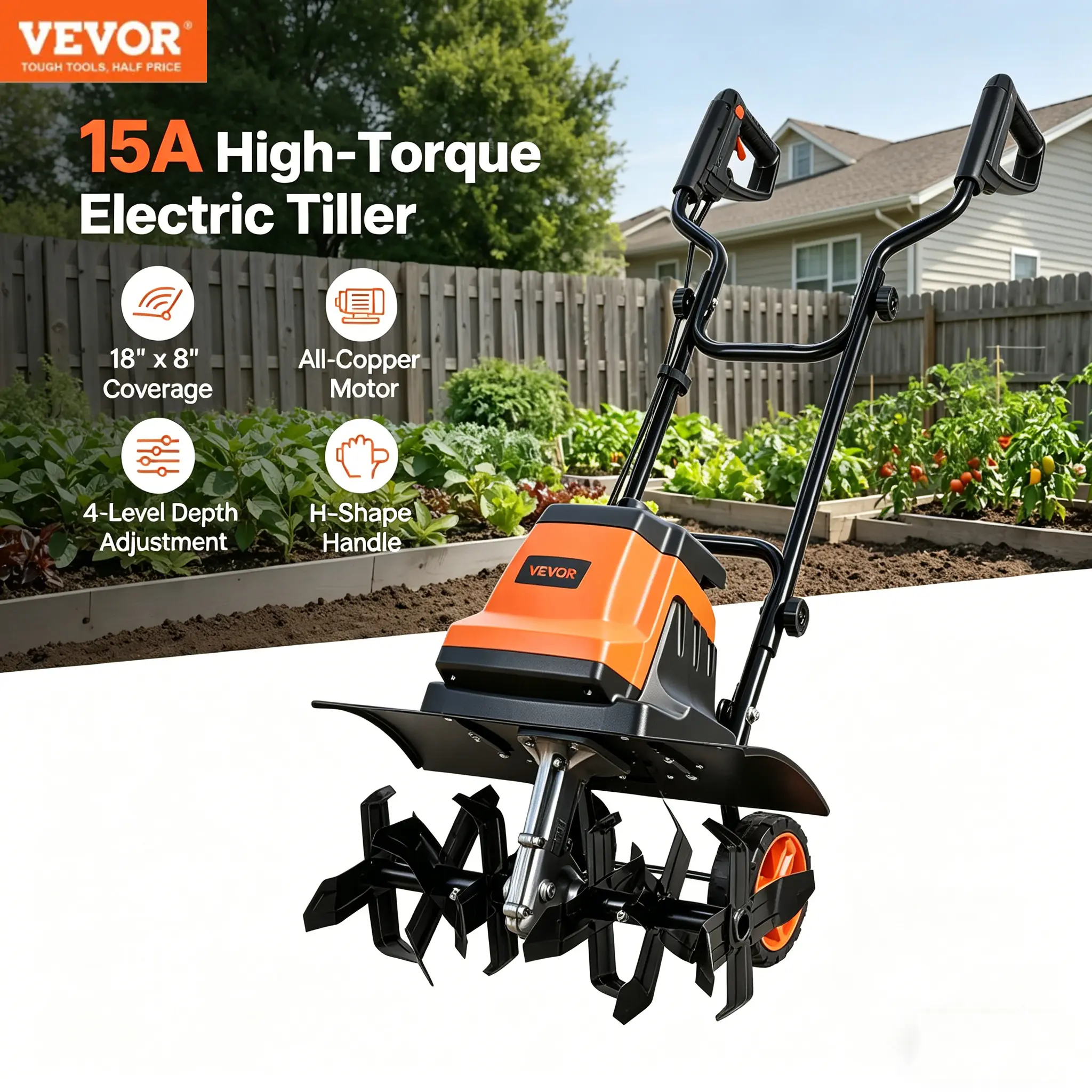 VEVOR Corded Electric Tiller Cultivator Power Tool, 18x8.7in Tilling Width-Depth, Foldable, Mn Steel Tines, Overload Protection, for Garden Lawn Soil Digging & Loosening, Steel Mn