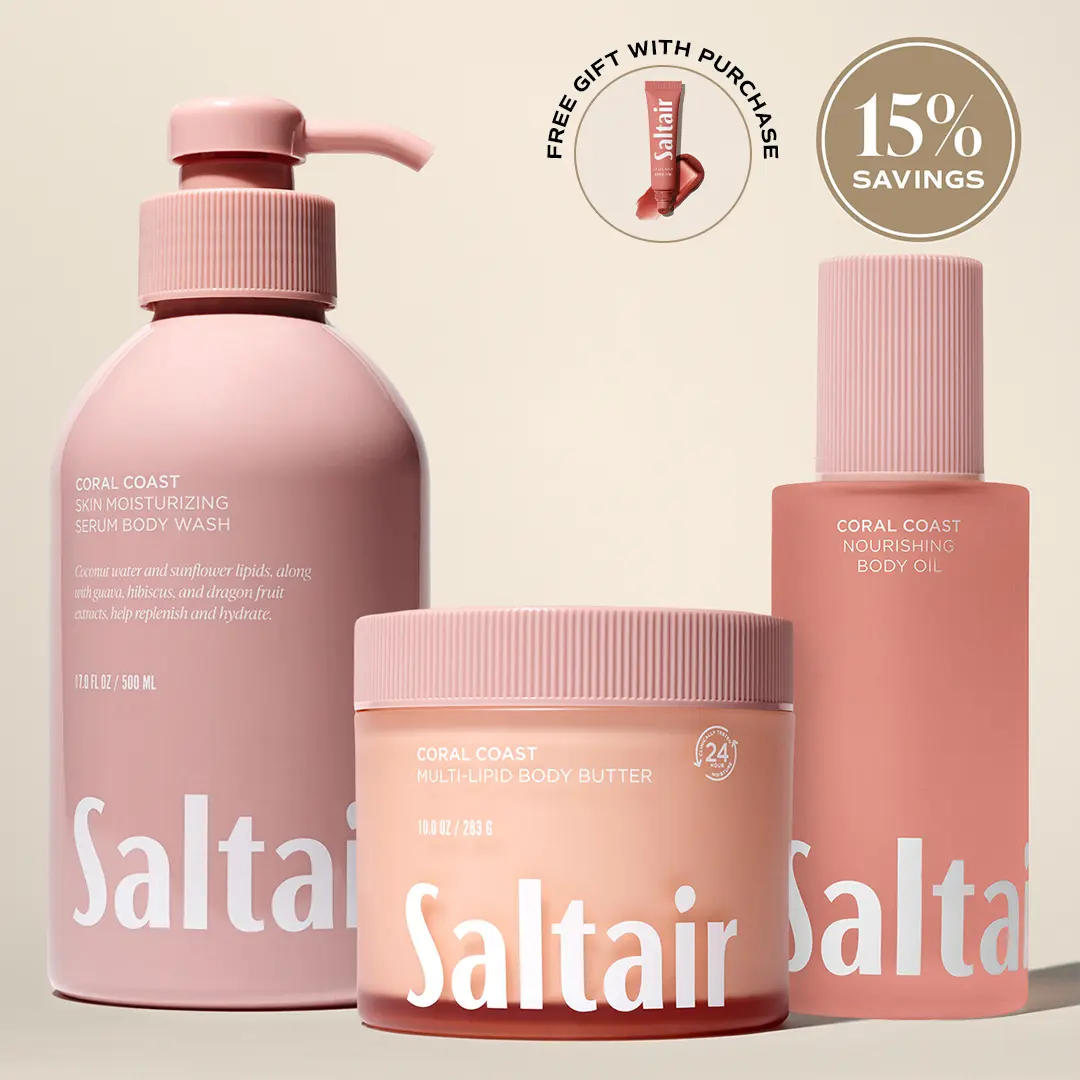Saltair Coral Coast Ritual Set - Serum Body Wash (17 fl oz), Nourishing Body Oil (4 fl oz) & Multi-Lipid Body Butter (10 oz) Bundle for Soft, Glowing Skin - Coconut, Guava & Water Lily