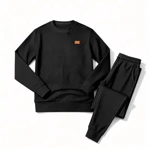 Men's sporty casual suit, crew neck jacquard knit sweater set, men's sweatshirt set, spring outfit, men's street style. half  zip tracksuit high quality fabric two-piece Gold Drawstring Fleece Hoodie Set Oversized Solid Sweatpants