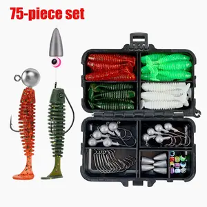75 Piece Lure Soft Bait, Fishing Lures, Screwy Head Jigs Fishing Tackle Set, Curved Hook Lead Sinkers, Texas Rig Bass Whitebait Kit, Complete Fishing Gear, Fishing Equipment, Soft Fishing Worms