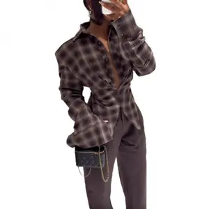 Women's Plaid Waist-Cinching Button Long Sleeve Shirt Design Casual Versatile Thin Jacket for Women Womenswear Coats Tops Fitted Can be used with raincoat