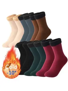 10pcs/5 Pairs Autumn Winter Socks for Women Soft Comfy Socks Thickened Fleece Lined Cold-Proof Warm Self-Heating Snow Socks Unisex Floor Socks Mid-Calf Socks Unisex Fit