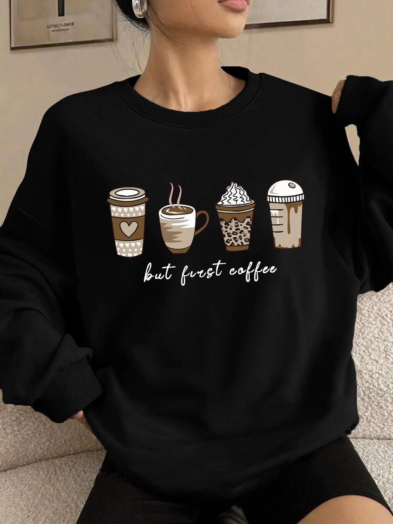 Women's Coffee & Letter Print Drop Shoulder Sweatshirt, Casual Pullover Sweatshirts Long Sleeve Round Neck Pullover for Spring & Fall, Ladies Clothes for Daily Wear Womenswear