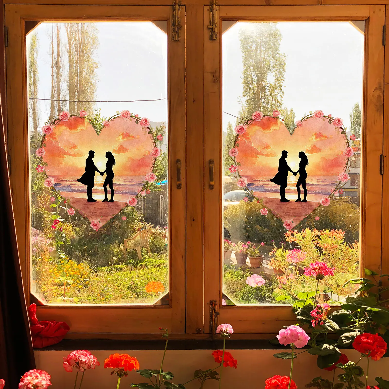 A set (30*30cm*2pcs) of seaside sunset couple holding hands silhouette Valentine's Day window stickers, static stickers, glass stickers for beautifying holiday home windows, window displays, decoration, D21407*2