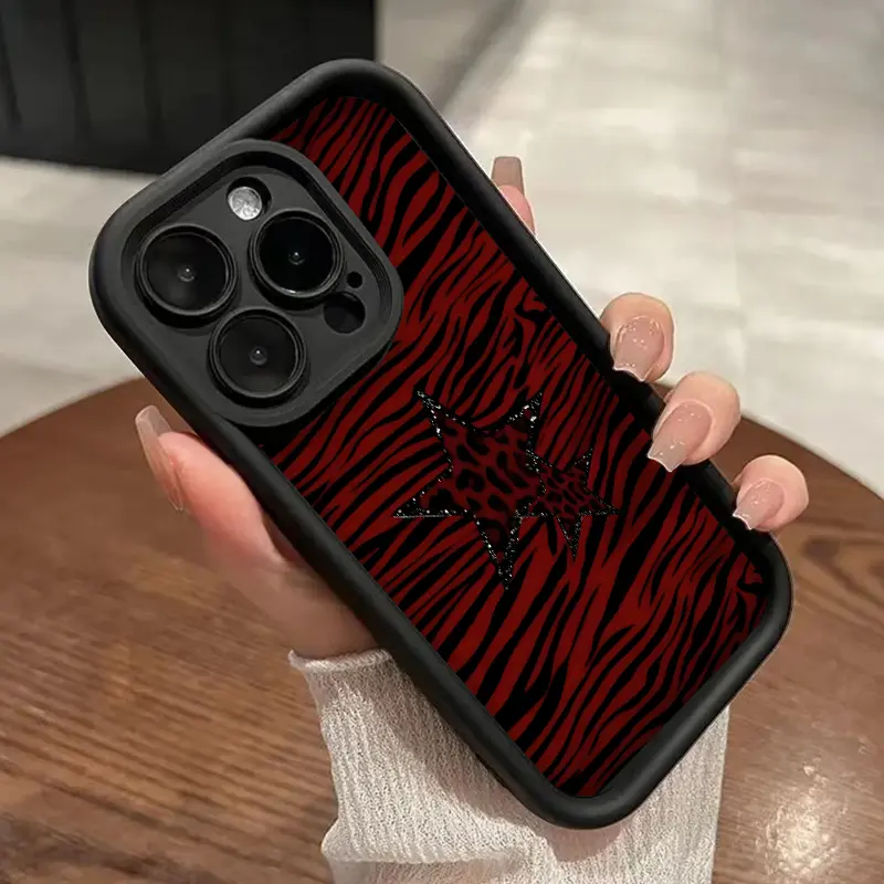 Red Leopard Print Stars Pattern TPU Phone Case for iPhone 16 15 14 Pro Max 13 12 11 XR XS Plus Shockproof Non Slip Military-Grade Protective Silicone Cover
