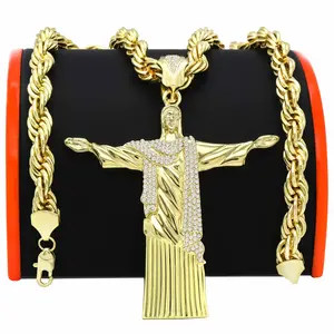 Giant Resurrection Pendant Iced Out 14k Gold PT 30" Rope Chain
