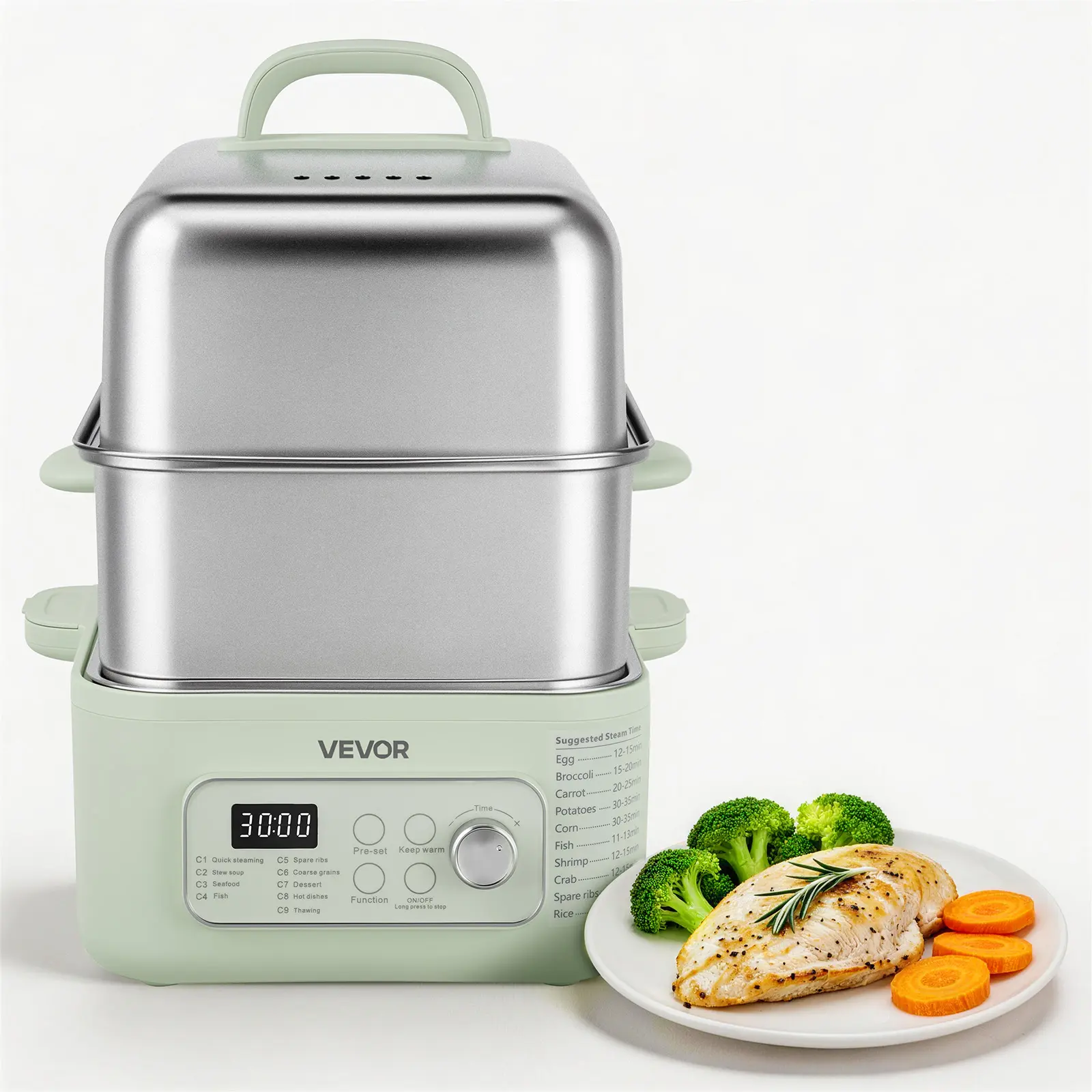 VEVOR Electric Food Steamer 13.7 QT 2-Tier Stainless Steel for 3-6 Servings, 1500W Vegetable & Meal Steamer for Cooking with 9 Pre-Programmed Settings, Keep Warm, for Veggies, Seafood & Rice, Green