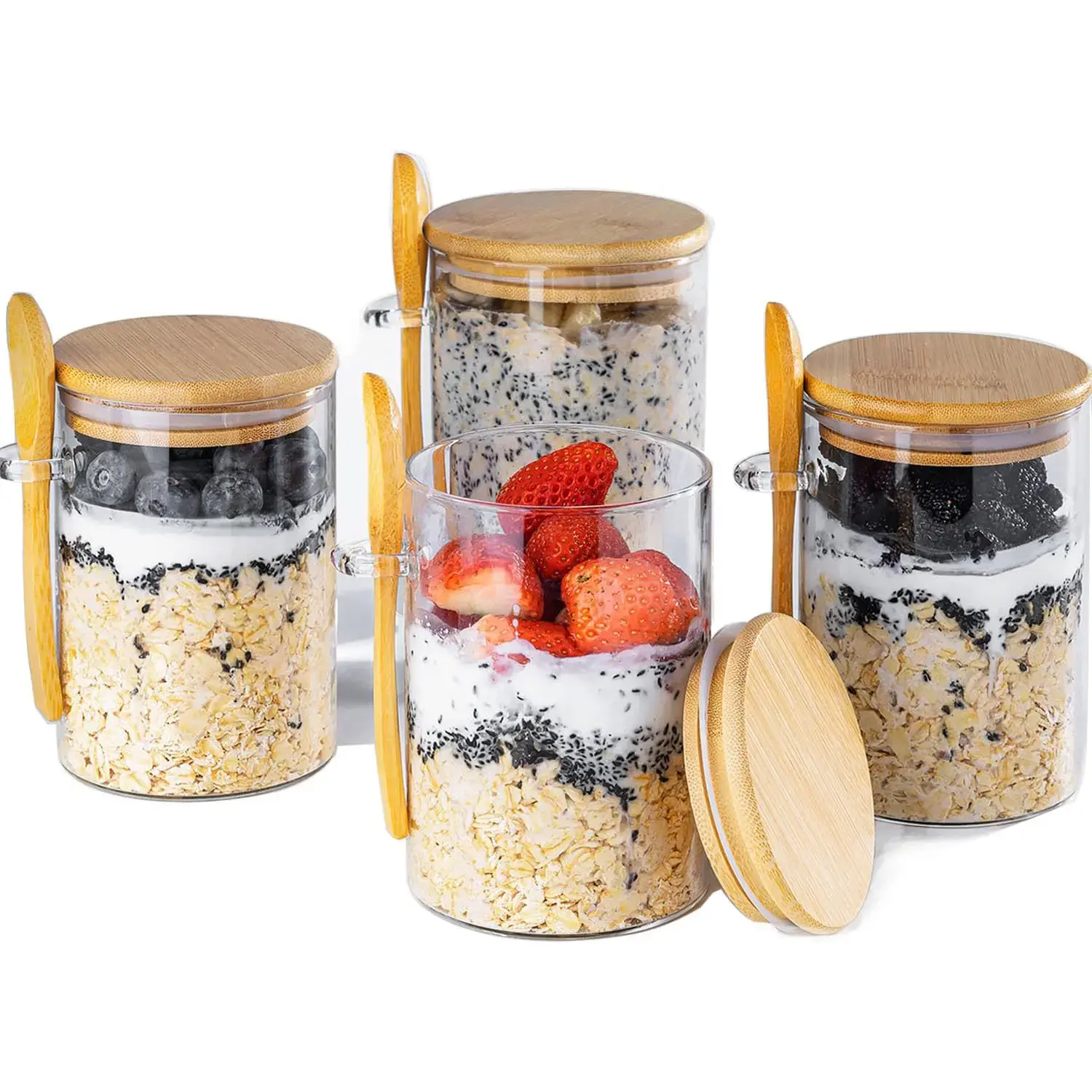4-Pack 16oz Overnight Oats Containers with Bamboo Lids, Wide Mouth Glass Jars with Airtight & Leakproof Lids, Reusable Meal Prep Containers for Overnight Oats, Yogurt, Salad, Snacks & Food Storage