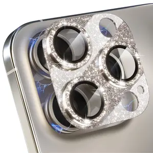 Compatible for iPhone 15 Pro/iPhone 15 Pro Max Camera Lens Protector, Bling Camera Cover with 9H Tempered Glass Lens Screen Protector Metal Ring Decoration Accessories (Glitter-Titanium Gold)