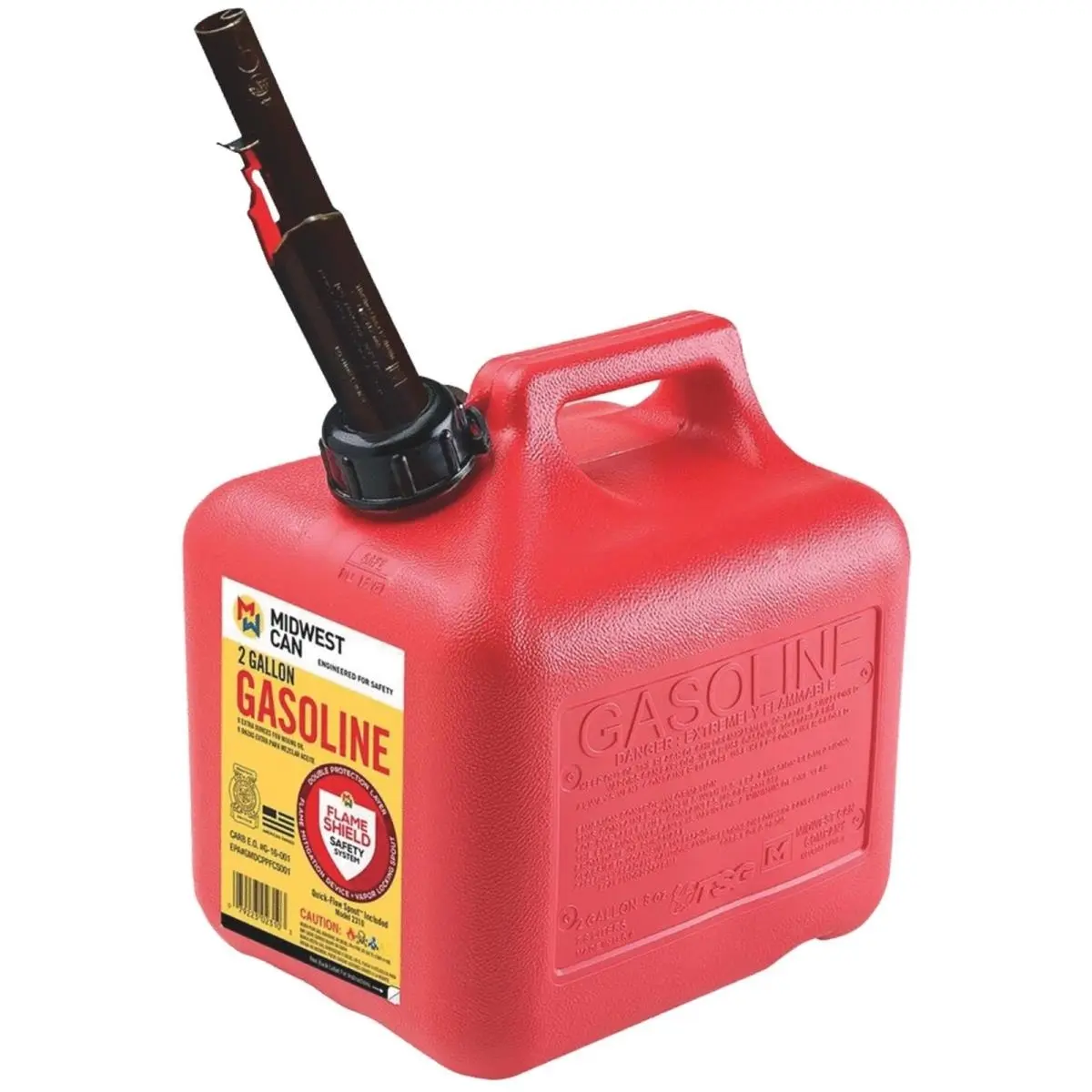 Midwest Can 248470 2 gal Red HDPE Fuel Storage Gas Can with Flame Mitigation Device, Flameshield Safety System, Dual Protection Layer, EPA/CARB Compliant Spout Assembly, Vapor-Locking Quick Flow Spout, Quick Fill for Lawn Mower, Atv, Dual Layer Of Protect
