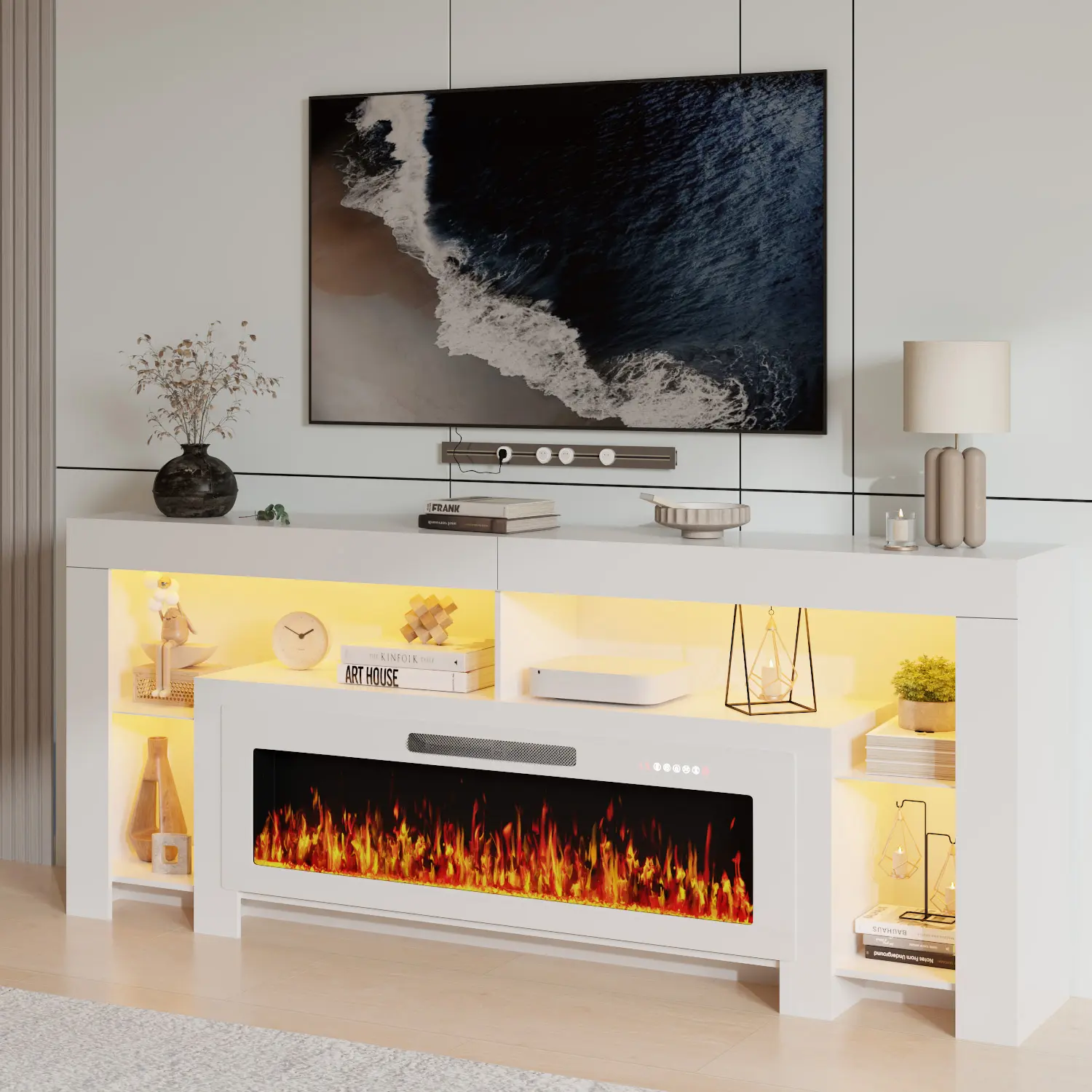 【2 Packages Shipping】PUKAMI 80 inch Fireplace tv Stand with 50 inch Fireplace Up to 90" TVs,LED Light Entertainment Center and Storage, Modern Wood Media TV Console for Living Room