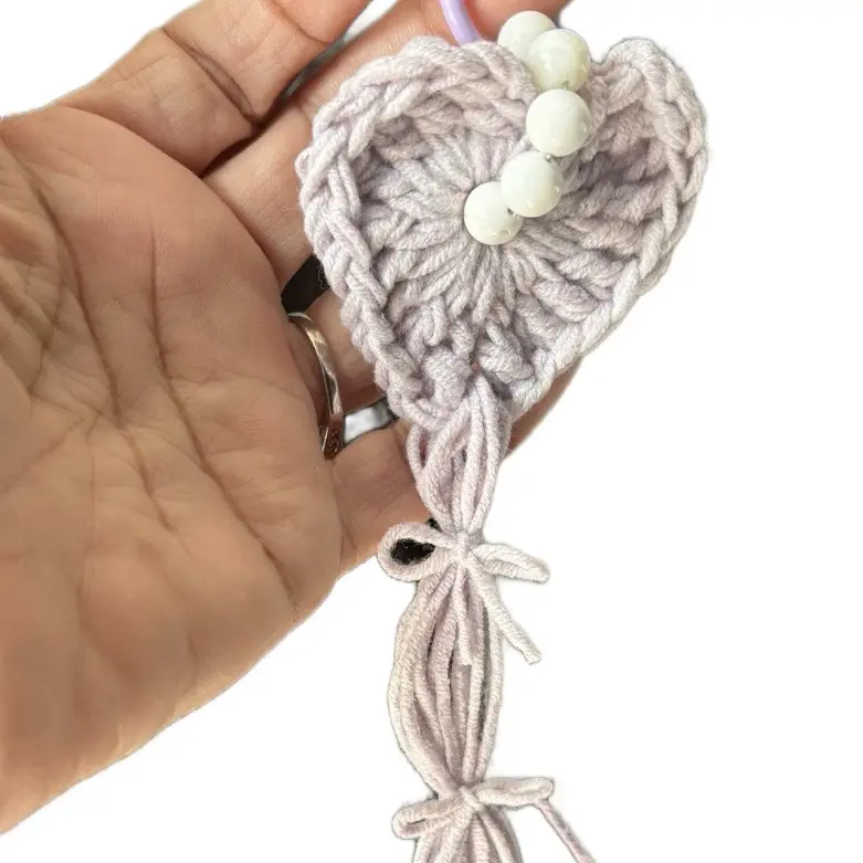 Crochet and Bead Heart Keychai in Light Gray with White Beads and Cord