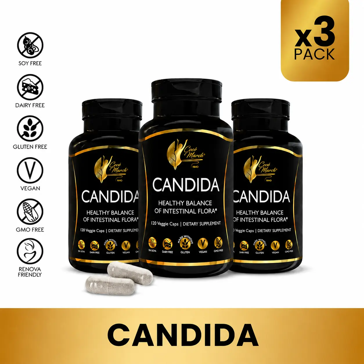 3 Bottles of Cocó March N.M.D Candida Herbs & Enzymes, 30 Day Cleansing - Gluten Free, Vegan, GMO Free, Dairy and Soy Free - 120 Capsules