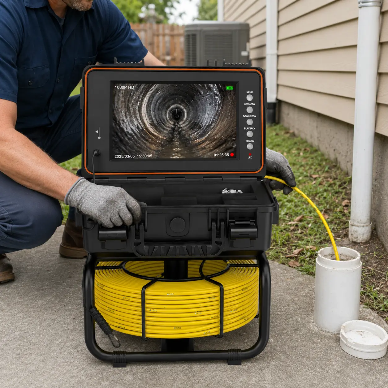 Sewer Camera with 100 ft Cable, 1080P Self-Leveling Camera, 9-Inch IPS Screen, DVR Recording, 32 GB Card, 12 Adjustable LED Lights, IP68 Waterproof Pipe Inspection Camera