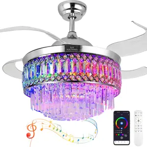 BAYSQUIRREL Retractable Crystal Ceiling Fan with Lights and Remote/APP Control, 42"Ceiling Fan with Speaker, 6-Speed RGB Decorative Ambiance Lighting Bluetooth Technology
