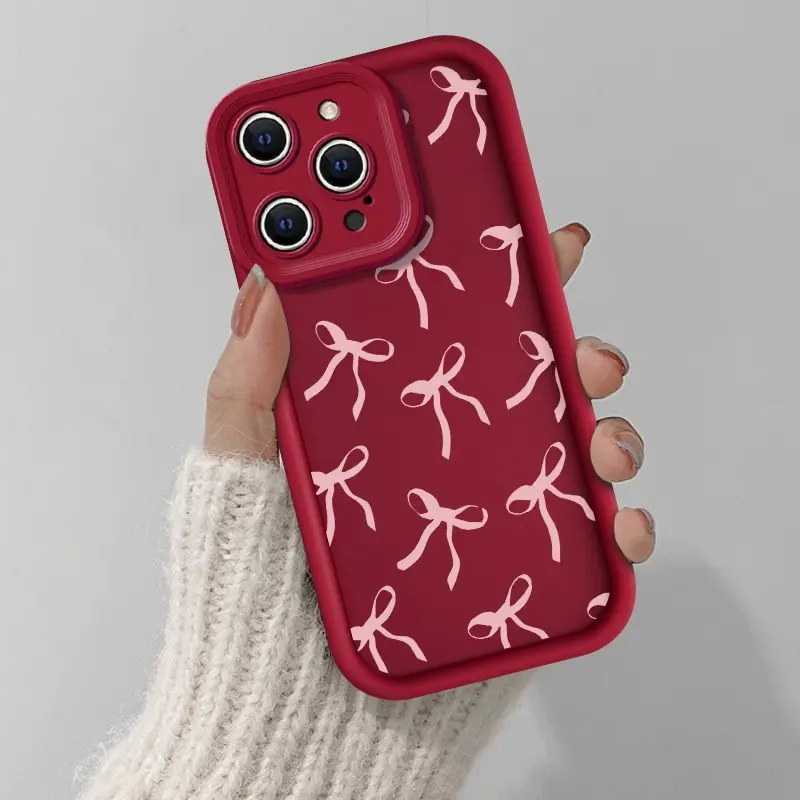 Pink Bowknot Pattern Case foriPhone 16 15 14 Pro Max 13 12 11 XR XS Plus EShockproof Drop Protection Silicone CoverProtective Protector-Cellphone Casing WhiteColor iPhone16case
