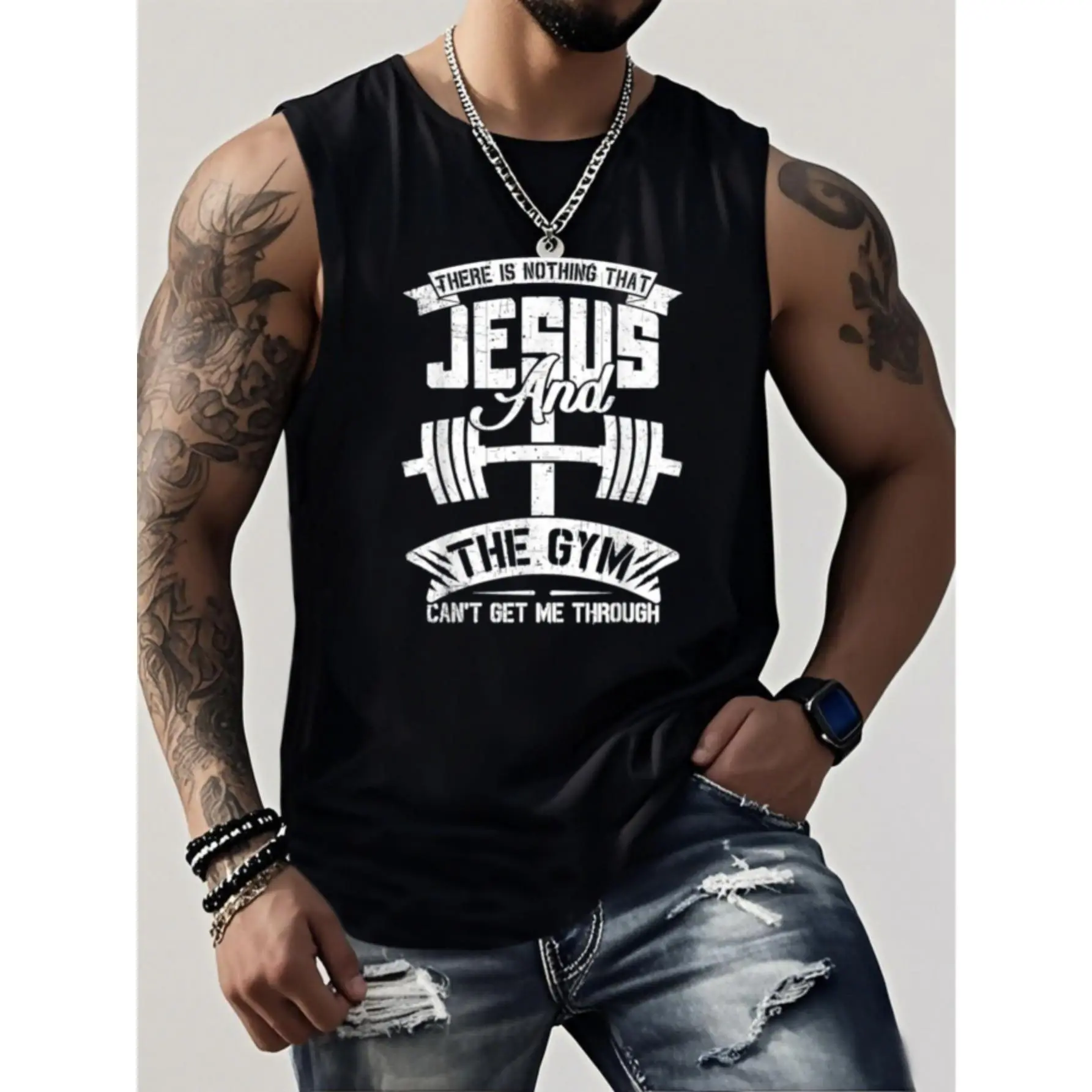 Men's Jesus Pattern 100% Cotton Tank Top, Funny Christian Workout Tank Top, Classic Men's Workout Vest Menswear