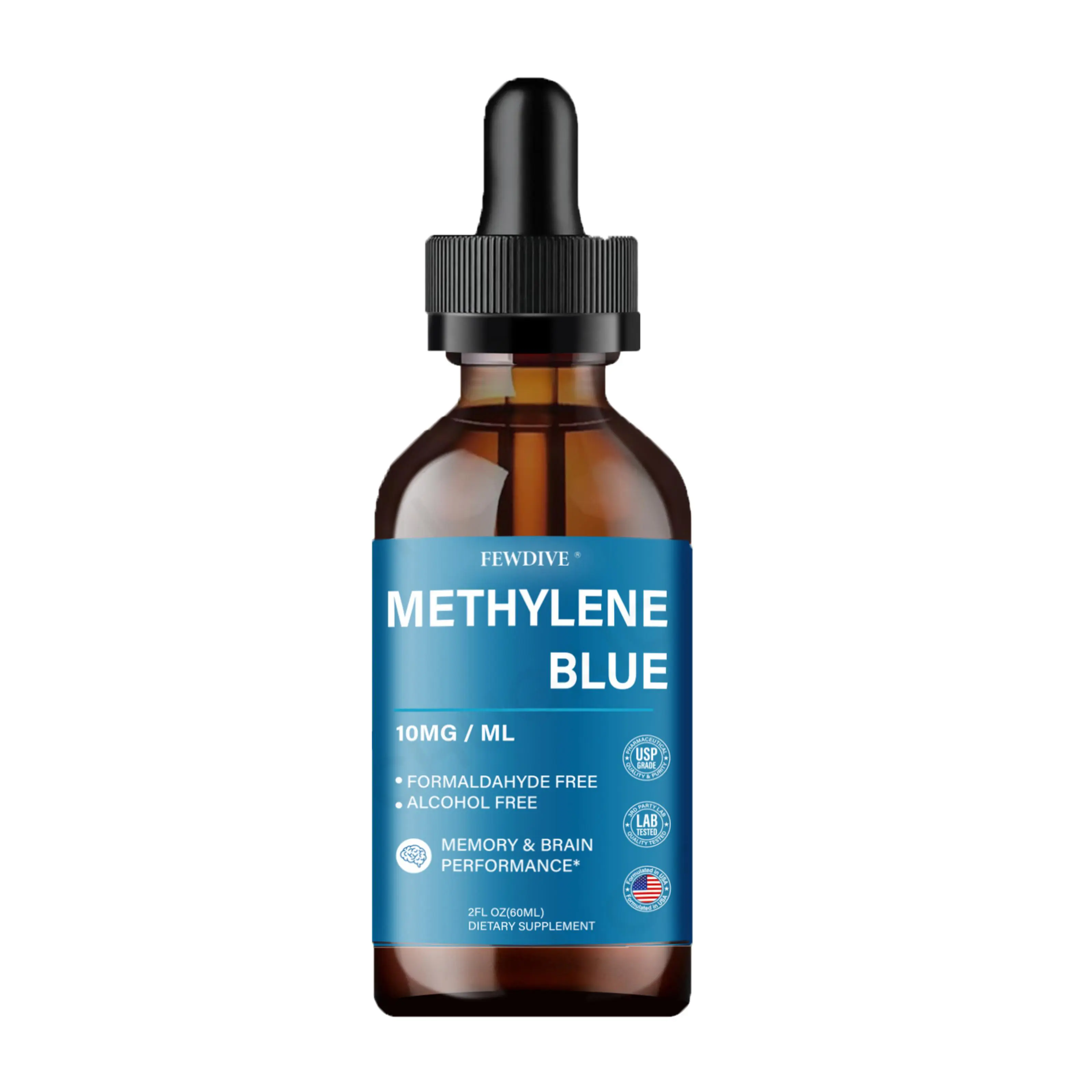 FEWDIVE Methylene Blue Solution (10mg/mL, 2oz) - Alcohol-Free, Formaldehyde-Free Brain Nootropic for 12+ Years, Prop 65 Safe, Memory Boost, Focus Support, Cellular Vitality, Anti-Aging Immune Care