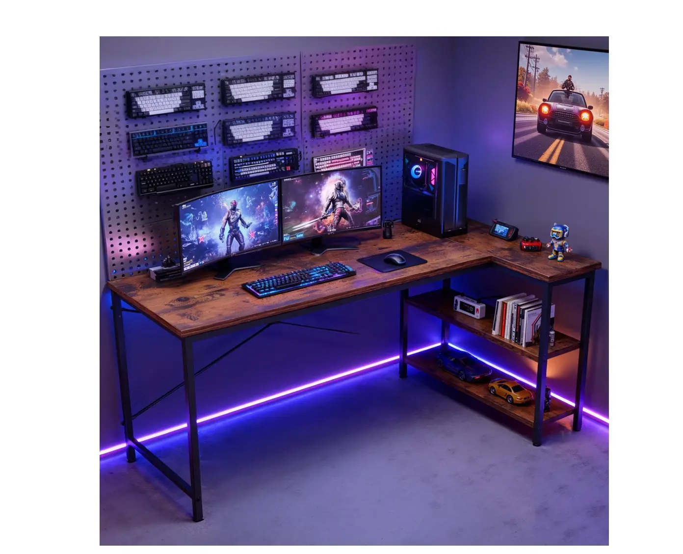 47" L-Shaped Computer Desk with Reversible Storage Shelves and PC Stand, Corner Gaming and Home Office Desk, Brown