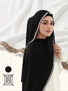 Women's Fashion Plain Hijab Scarf with Rhinestones, Soft Muslim Headscarf, Multifunctional Sun Protection Shawl, All Season Wear, Turban Hijab