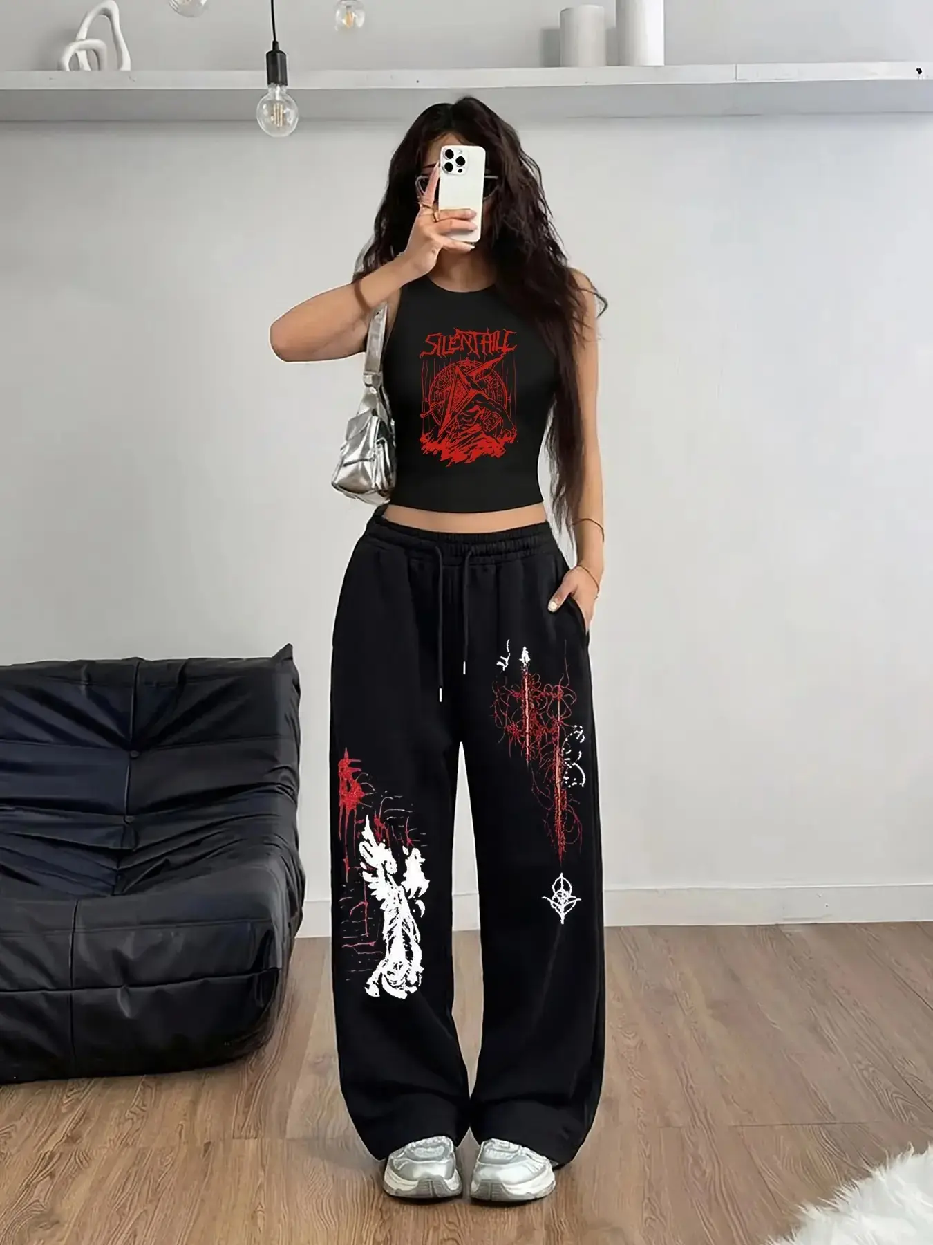 Y2K Emo Dark Gothic Two-Piece Set, Print Crop Top & Wide Leg Pants, Streetwear Punk Culture, Casual Winter Style, Loose-Fitting, Baggy, Fashion Clothes