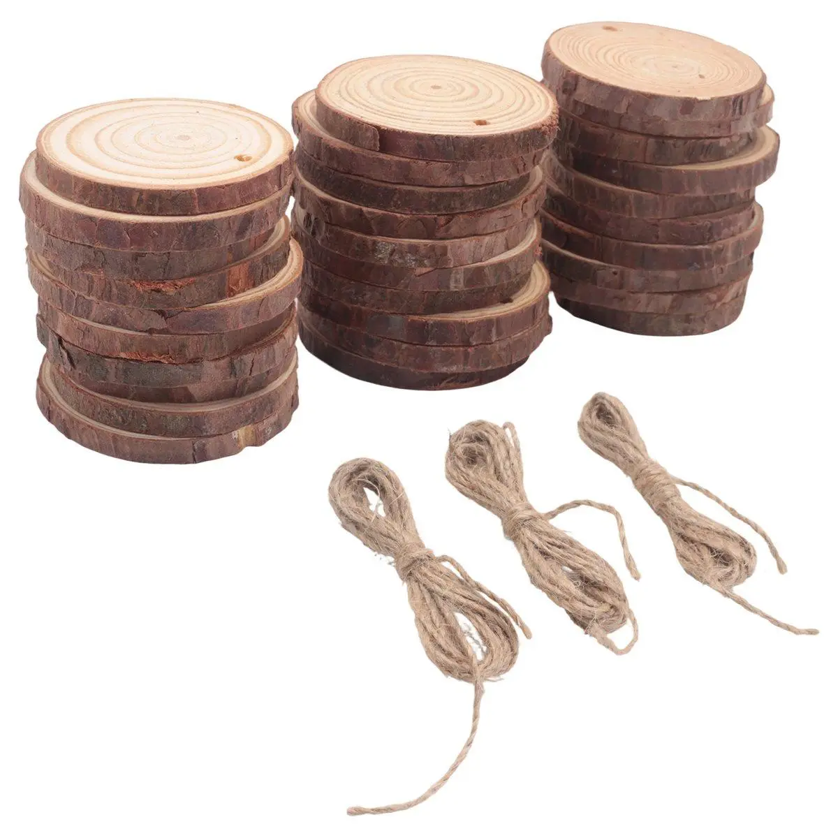 30 Pcs Rustic Natural Wood Slices, Pre-Drilled Discs with Jute Twine for DIY Crafts, Christmas Ornaments, and Wedding Decorations, Party Decorations, Christmas Decorations