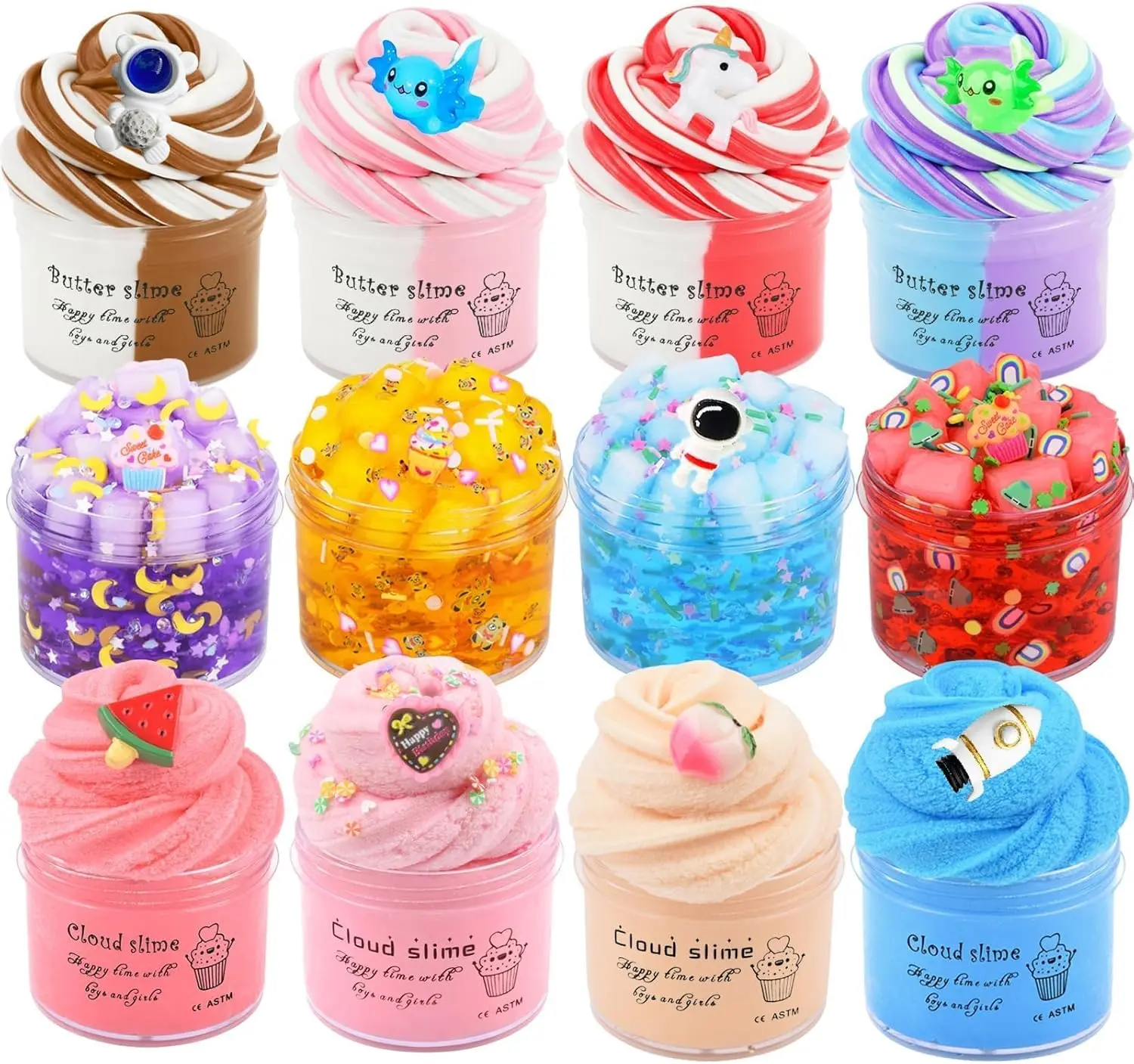 Summer Spring Gift 12 Pack Slime Kit, with 4 Butter Slime, 4 Jelly Cube Crunchy Slime and 4 Cloud Slime, Soft and Non-Sticky, DIY Stress Relief Toys for Girl and Boys, Birthday Gift, Party Favor, Classroom Reward