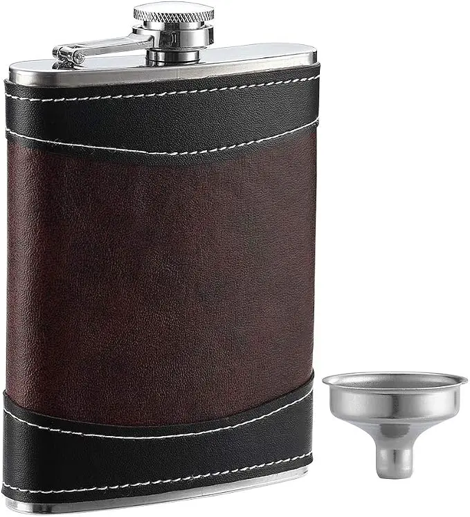 8 Oz Leather-Wrapped Flask with Funnel, Leakproof Stainless Steel Flask for Whiskey, Ideal for Travel, Outdoor & Gifts