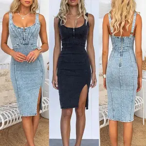 Cross-border Amazon Independent Station U-neck Sling Distressed Casual Style Denim Dress