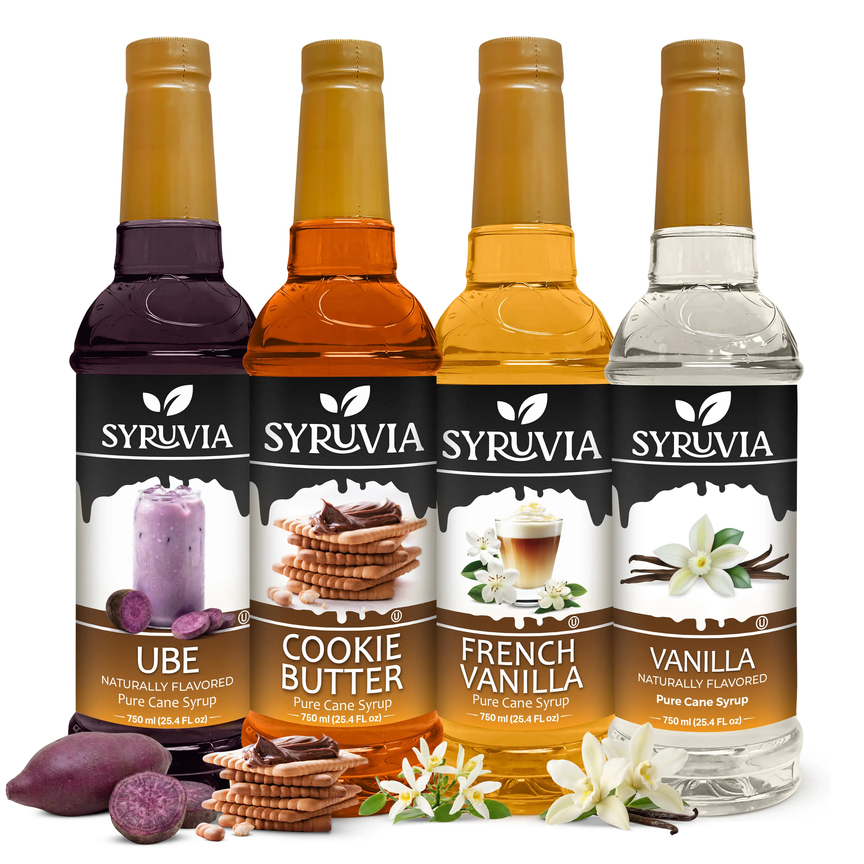 Syruvia Variety Pack – Ube, Cookie Butter, French Vanilla & Vanilla Syrup – Perfect for Coffee, Iced Drinks, Lattes, Desserts & More – 25.4 Fl oz Bottles (4 Pack)