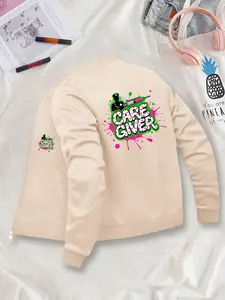 Women's Casual Graphic Aesthetic Baseball Jacket Outerwear, Fitted Zipper Pocket Design, All Season Wear, Available in S to Xxl Sizes, Perfect for Layering