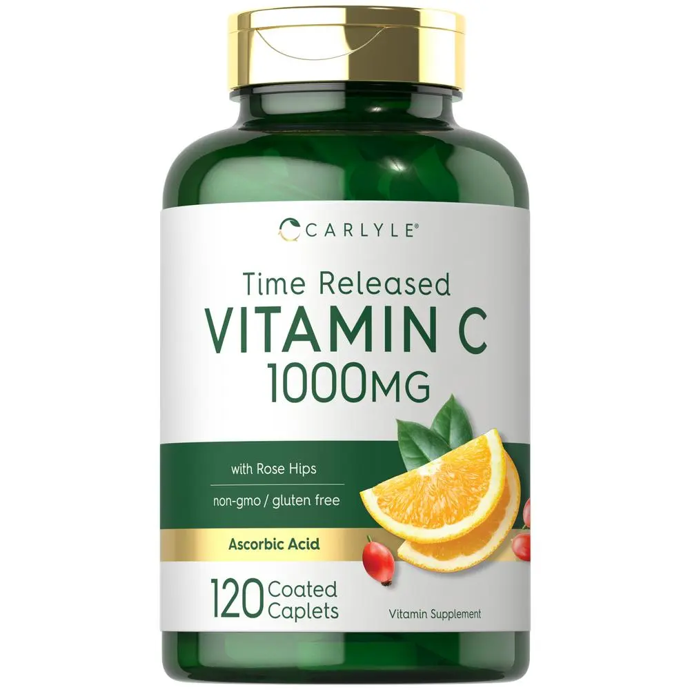 Carlyle Vitamin C 1000mg - Timed Release - 120 Vegetarian Caplets - with Rose Hips - Non-GMO & Gluten Free Supplement