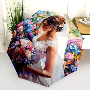 1 PC Automatic Folding Umbrella - Romantic Bride with Flowers Pattern, Portable & Foldable Design with 8 Ribs, Merry Christmas Pattern,Casual Outdoor Accessory Halloween and Christmas Birthday Gifts. E007