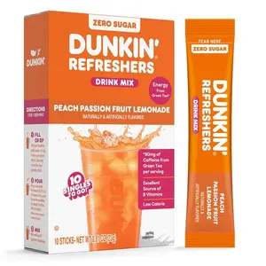 HOT! Dunkin Zero Sugar Refreshers Singles To Go! Powdered drink mix packets, Peach Passionfruit Lemonade,10 packets per box Energy from Green Tea, aspartame-free, no synthetic colors, naturally and artificially flavored, just add water