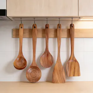 5 Counts Wooden Kitchen Utensil Set, Includes Spatula, Skimmer, Stirring Spoon, Large Soup Ladle, Ideal Gift for Chefs, Wooden Cooking Tools, Wooden Cooking Utensils