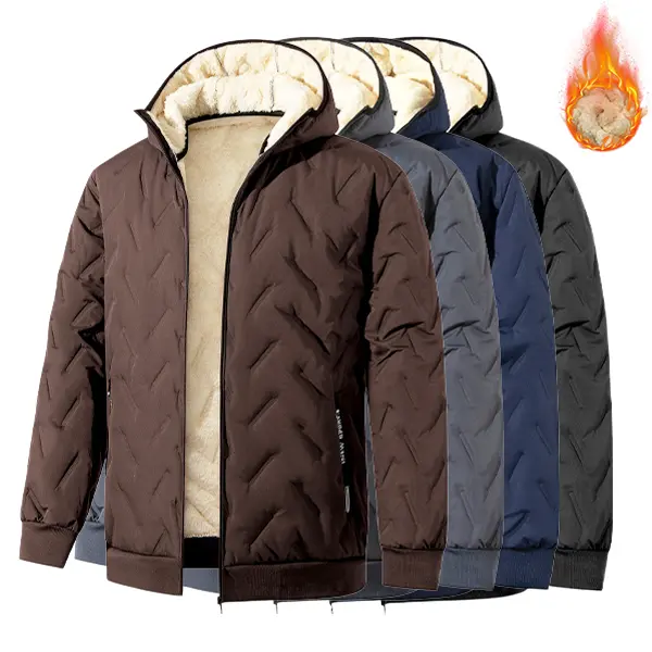 Men's Drop Shoulder Fleece-Lined Quilted Jacket - Thermal Adjustable Drawstring Hood Double Insulation Heavyweight Zip-Up Parka for Cold Weather Commuting, Outdoors, Long, Adjustable Padded Men's Fleece Jackets, Cotton Blend, Polyester, Ribbed Cuffs, Seam