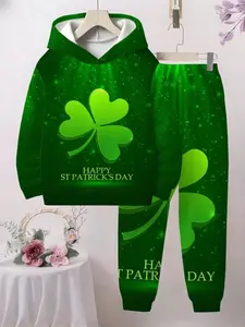 Boys Hooded Sweatshirt Set, Saint Patrick's Day Clover Print, Fashion Casual Long Sleeve, All Seasons Fitted Style