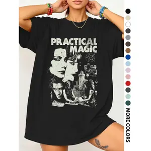 Women's Practical Magic Letter Print Round Neck T-Shirt, Vintage Casual Short Sleeve Tee for Daily Wear, 90s Style Summer Top