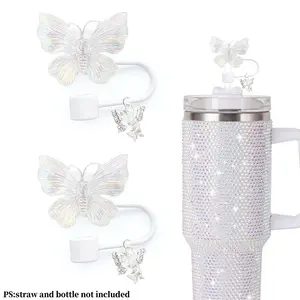 Butterfly Straw Toppers Set,Dazzling color Straw Covers Compatible with Cups 30&40 Oz,Dust-proof for 0.39" Diameter Straws,with Clip-On Bling Butterfly Ornament, Cute Summer Themed Cup Toppers outdoor camping Activities