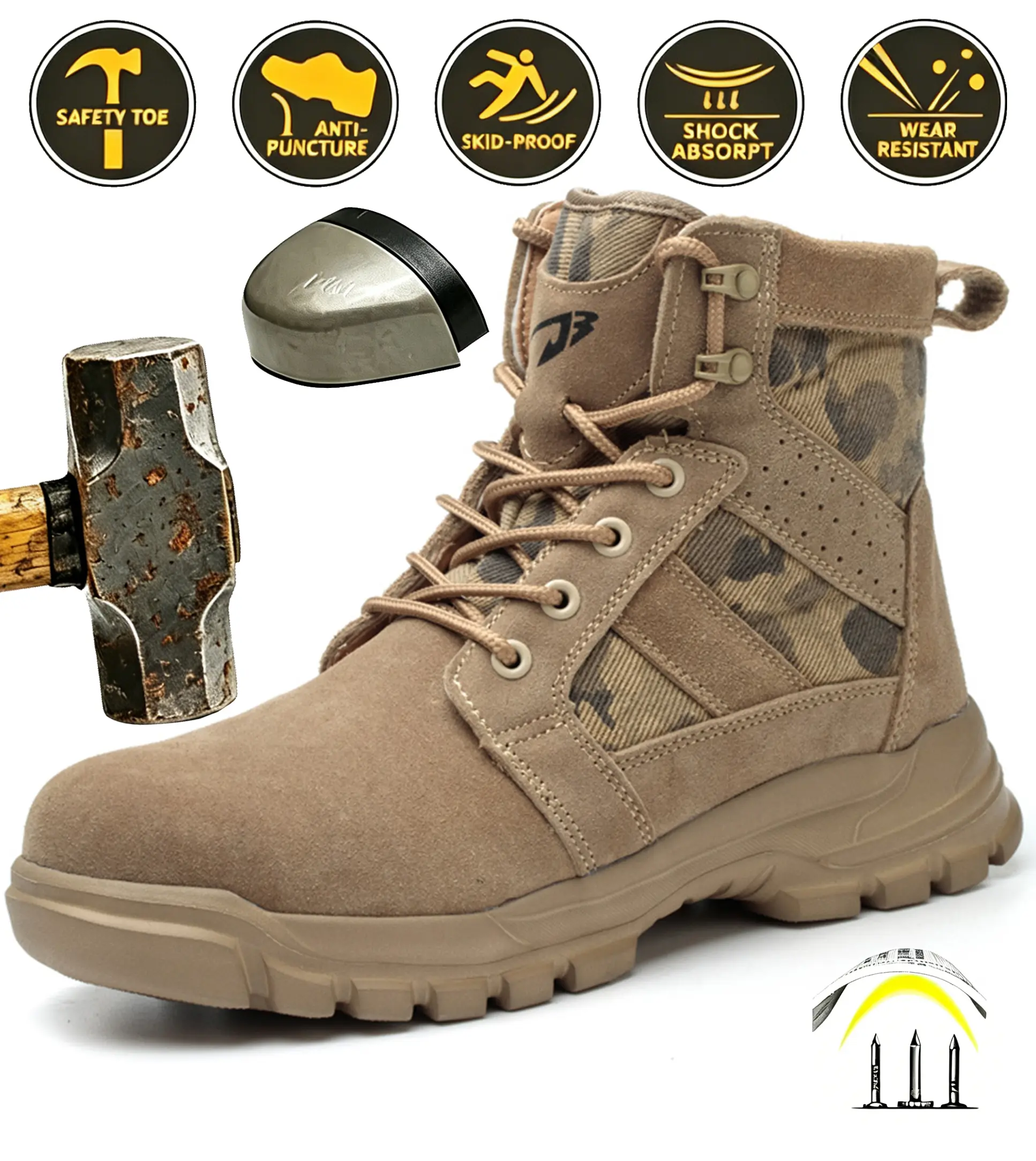 Men's Tactical Boots, High-Cut PU Leather & Cloth Work Footwear with Side-Zip, Laces and a Puncture-Resistant EVA Sole, Tpu, Closed, Tactical Boot, Industrial Work Footwear, Work & Safety Footwear