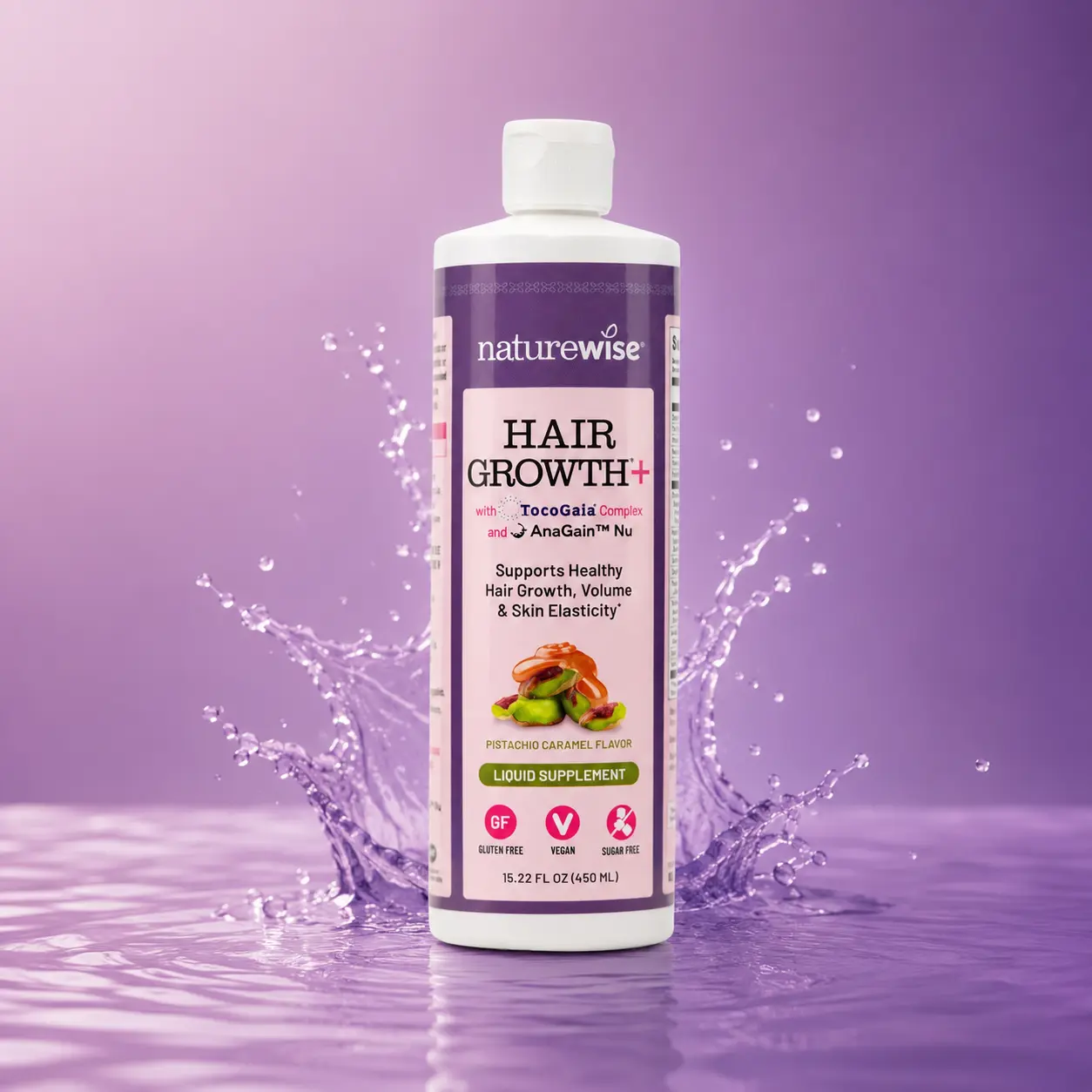 NatureWise Hair Growth Plus - Hair Growth Supplements Women & Men - With Clinically Tested AnaGain Nu + No Biotin - Sugar Free & Vegan - Pistachio Caramel Flavor - USA Manufactured