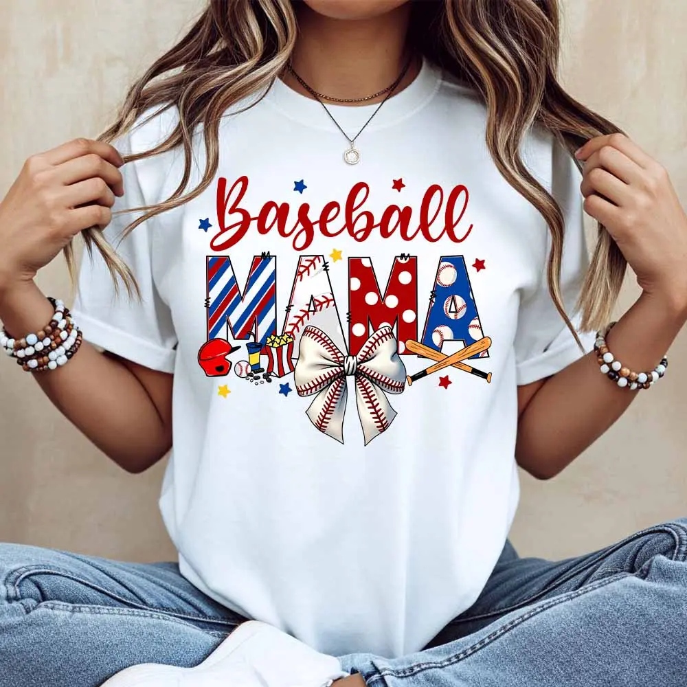 Baseball Mama Print T Shirt White Casual Crewneck For Women Baseball Game Day Wear