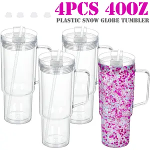 4 PACK 40 oz Plastic Snow Globe Cups Pre-Drilled with Hole Stopper, Double Wall Acrylic Snowglobe Tumbler with Handle and Straw for Snow Globe Glitter DIY Gift, Individual Packaging Drinkware Bottles Stylish Bottles