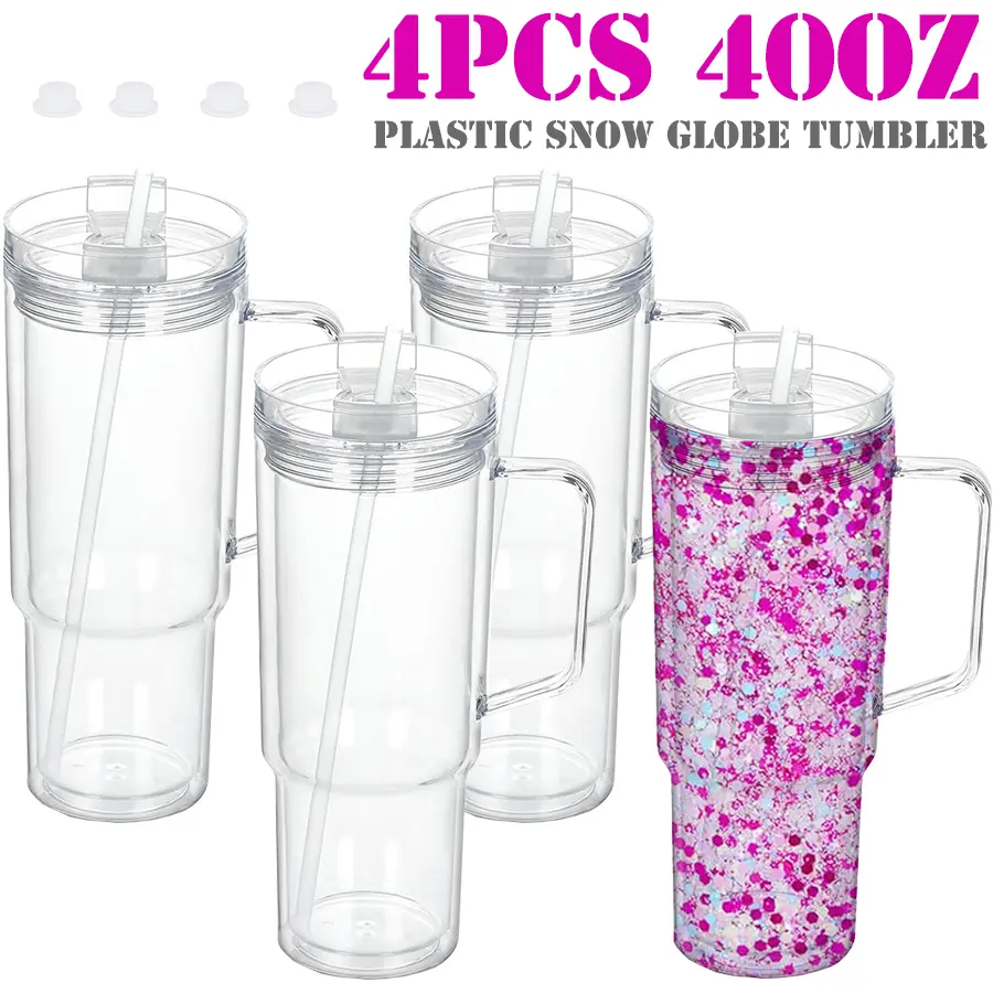 4-Pack 40 oz Double-Wall Acrylic Snow Globe Cups - Pre-Drilled with Hole Stopper, Lid, Handle & Straw, Creative DIY Gift Water Bottles for Gifting, Individually Packaged Kitchen Drinkware, Diy Gifts, 40Oz