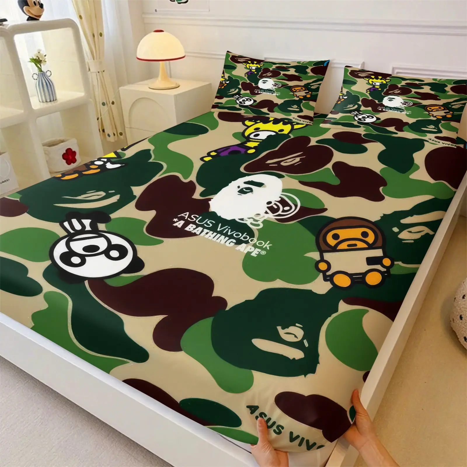 BAPE Camo Ape Head Fitted Sheet Set with 2 Coreless Pillowcases, Printed Bedding Set, Theme Bedding Set, Camouflage with Classic Ape Head Pattern, Soft Comfort Mattress Protector, Fresh Color-Blocking Bedroom Decor Gift for Fan, Bedding Essentials