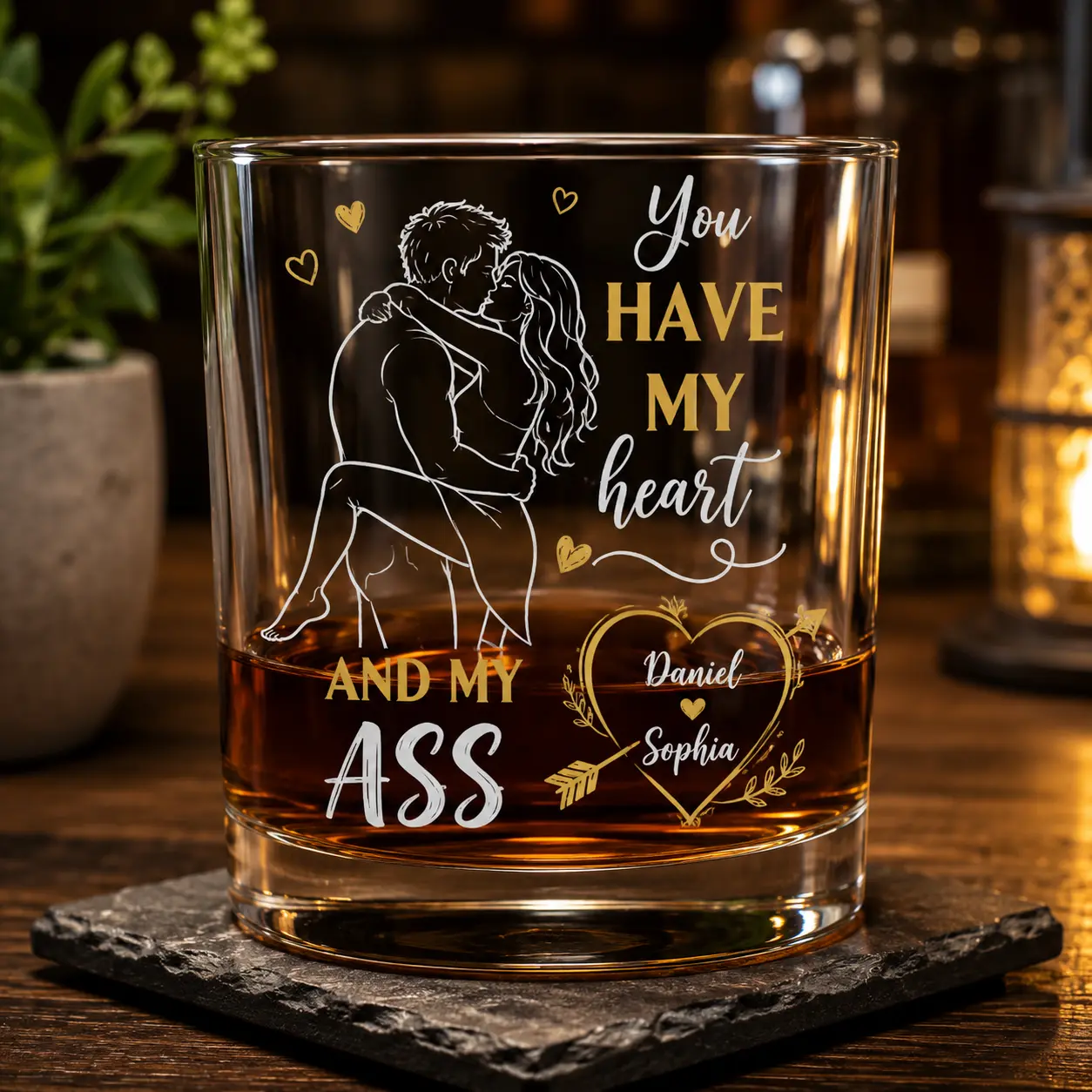 You Have My Heart And My As* Whiskey Glass, Personalized Couple Whiskey Glass, Custom Couple Whiskey Glass, Romantic Whiskey Glass Gift, Funny Couples Gift, Custom Name Whiskey Glass, Boyfriend Gift, Girlfriend Gift, Anniversary Gift, Valentine's Day Gift